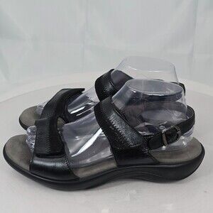 SAS Nudu Women 8 WW/Extra Wide Black Leather Wedge Comfort Slingback Sandals